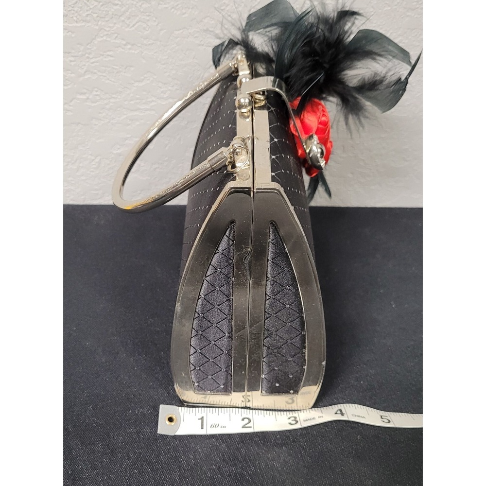 Women's Black Silver Accents Evening Handbag/Purse with Flower - Picture 7 of 8